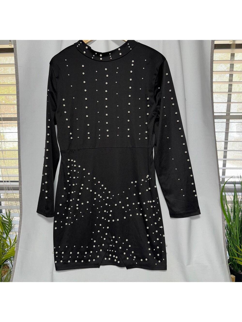 Shein curve 2X black long sleeve dress with pearl detaling